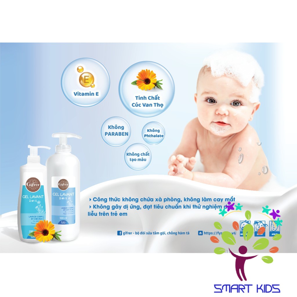 Sữa tắm gội 2 trong 1 cho bé Gifrer 500ml - Tinh chất Cúc Vạn Thọ Vitamin E Kháng khuẩn tăng cường độ ẩm