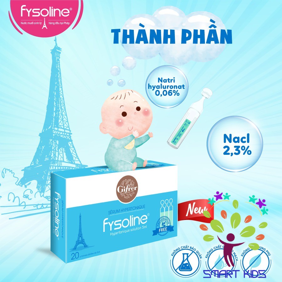 Nước muối ưu trương Fysoline hỗ trợ viêm mũi, nghẹt mũi cho bé (Hộp xanh 20 ống x 5ml)