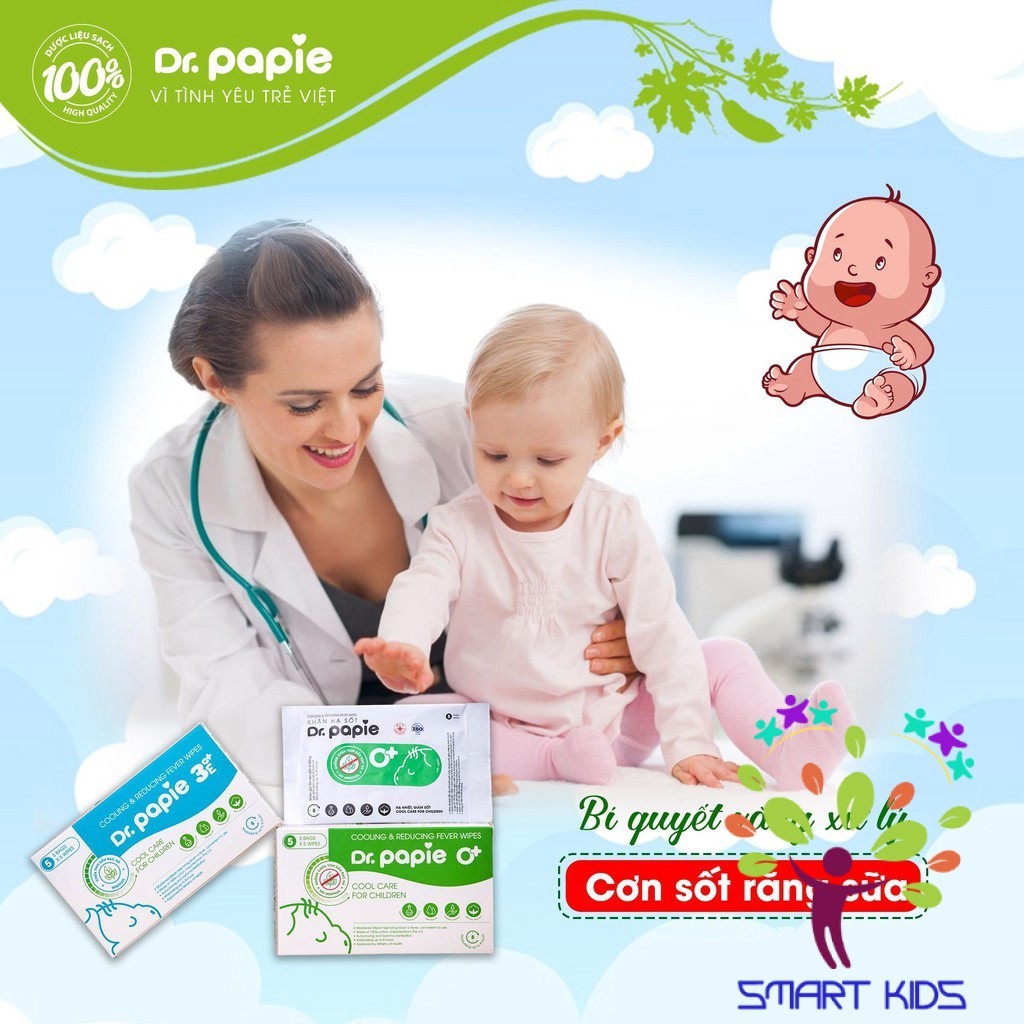 Khăn Ướt Thảo Dược Dr.Papie  Khăn lau hạ sốt Dr Papie dành cho bé 0m+ và 3m+ hộp 25 tờ