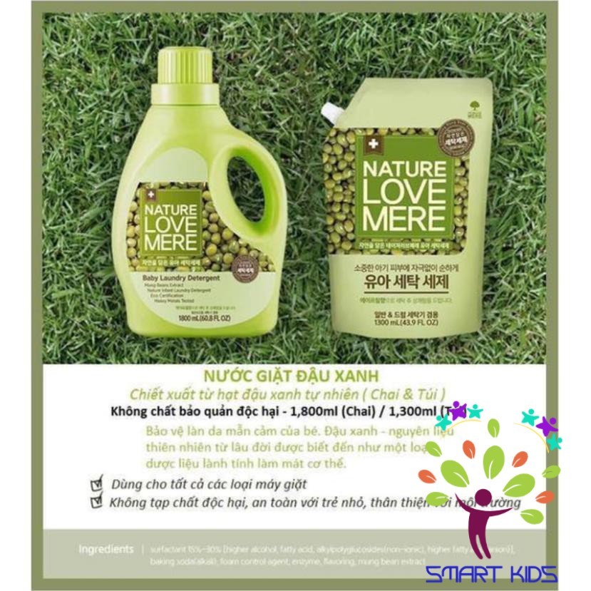Nước giặt Nature Love Mere hương đậu xanh Mungbean chai 1.8L/ túi 1.3L