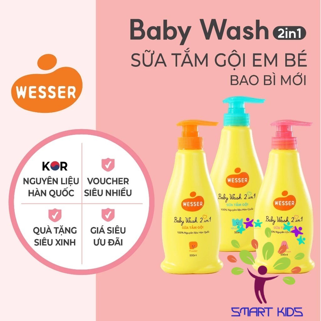 Sữa tắm gội toàn thân trẻ em Wesser 2in1- Powder thành phần thiên nhiên nhập khẩu Hàn Quốc (Màu cam)