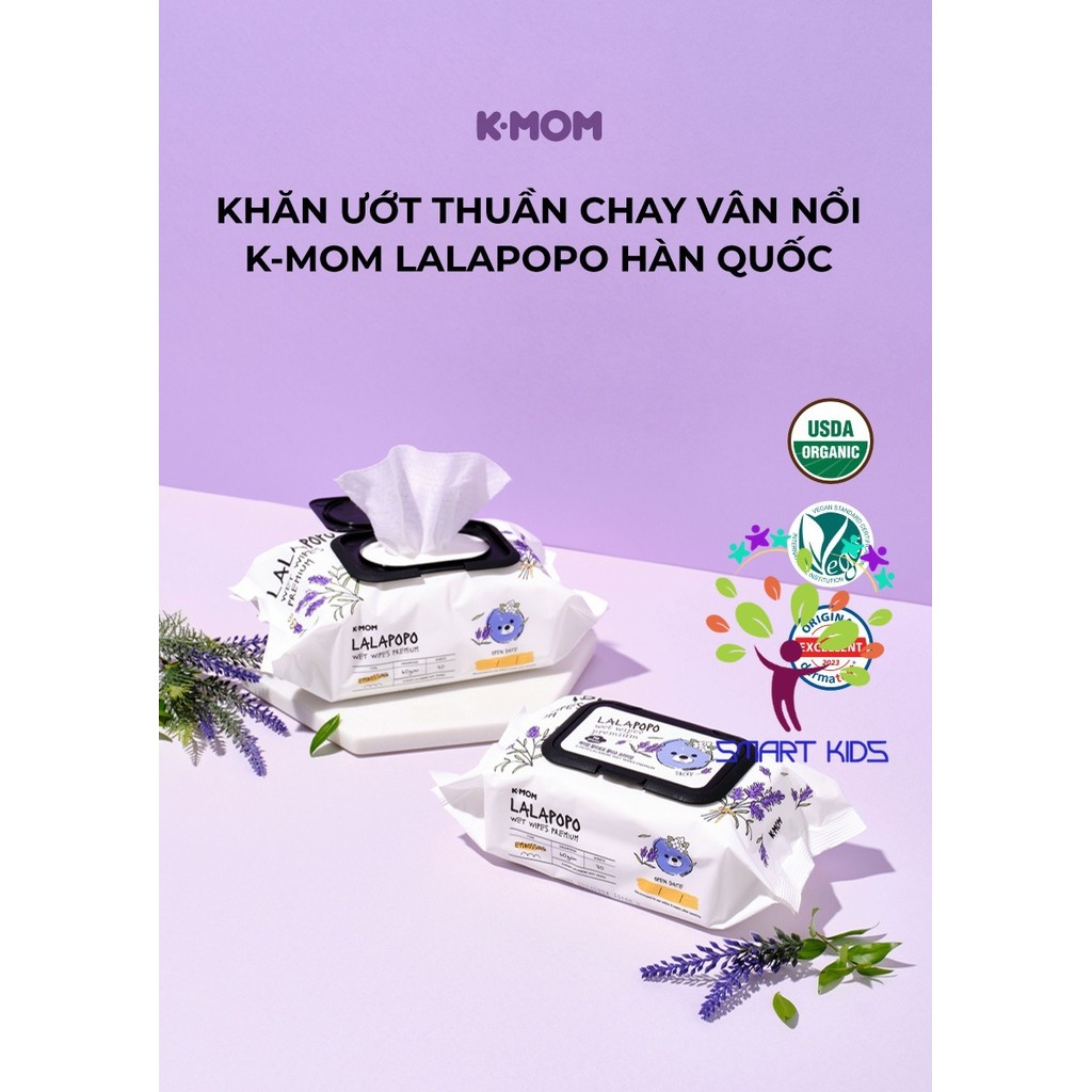 Khăn ướt thuần chay vân nổi K-Mom Lalapopo Hàn Quốc (20c)