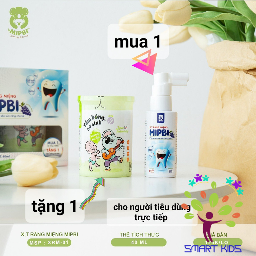 Xịt chống sâu răng Mipbi cho bé từ 1 tuổi giúp làm sạch và bảo vệ men răng, ngăn ngừa mảng bám ố vàng, viêm lợi, hà mủn