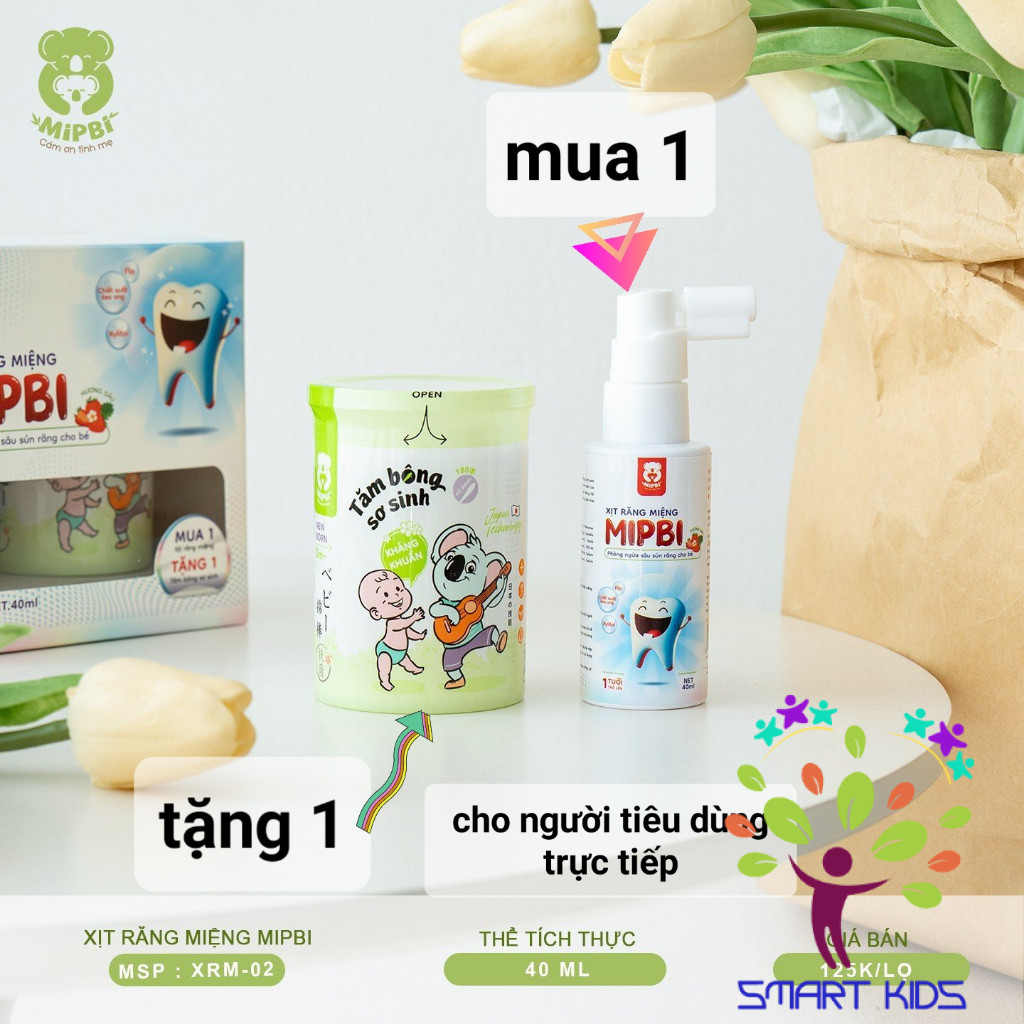 Xịt chống sâu răng Mipbi cho bé từ 1 tuổi giúp làm sạch và bảo vệ men răng, ngăn ngừa mảng bám ố vàng, viêm lợi, hà mủn