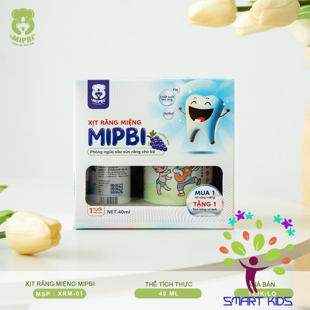 Xịt chống sâu răng Mipbi cho bé từ 1 tuổi giúp làm sạch và bảo vệ men răng, ngăn ngừa mảng bám ố vàng, viêm lợi, hà mủn