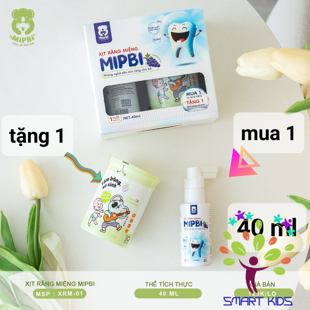 Xịt chống sâu răng Mipbi cho bé từ 1 tuổi giúp làm sạch và bảo vệ men răng, ngăn ngừa mảng bám ố vàng, viêm lợi, hà mủn
