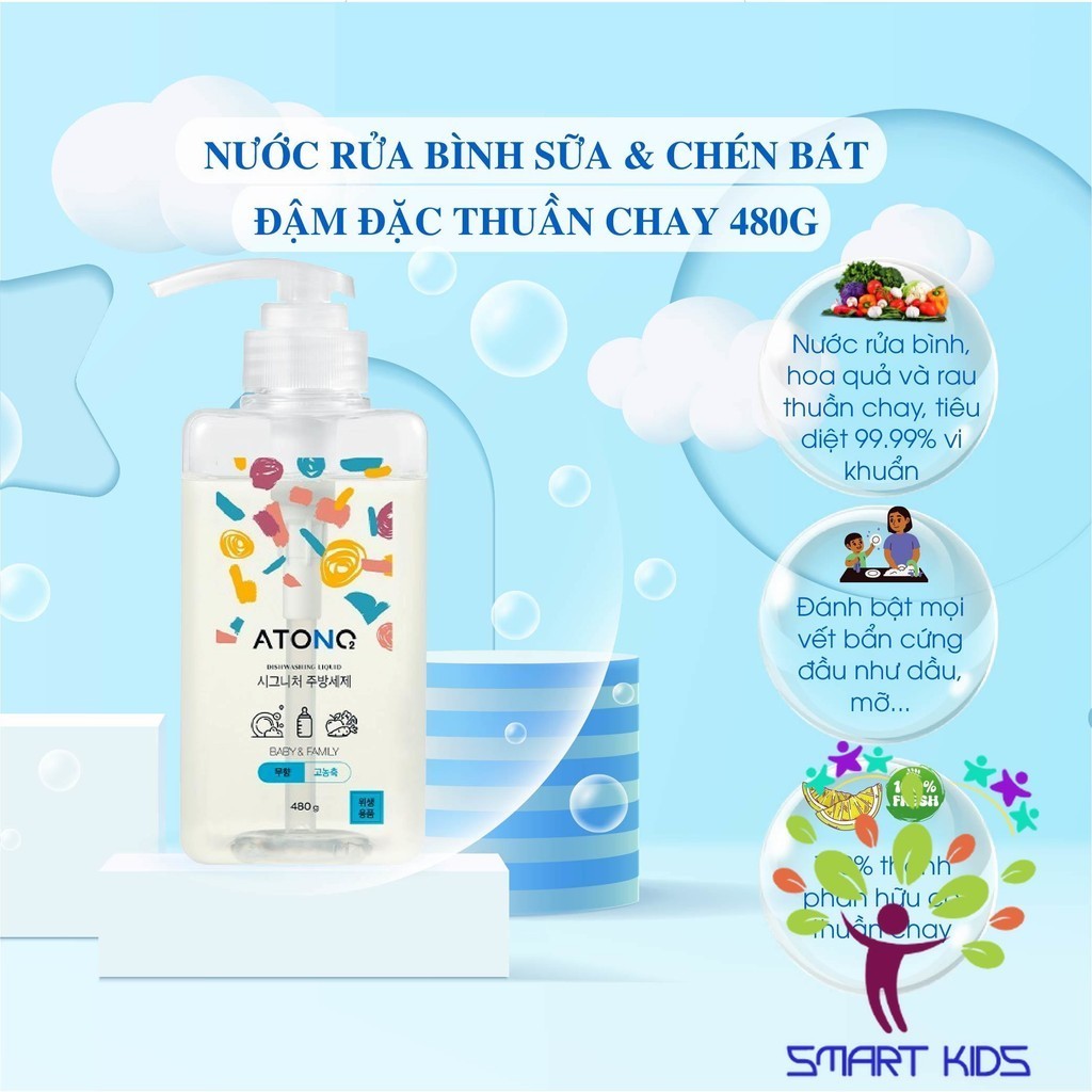 Nước Rửa Bình Rau Củ Quả Và Chén Bát Thuần Chay đậm đặc ATONO2 Cho Bé Từ 0m+