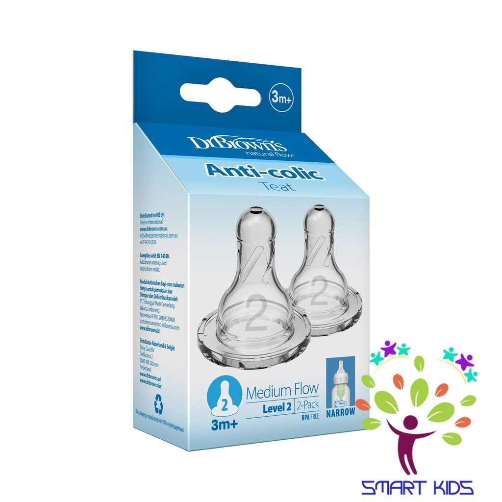 Núm ty bình sữa Dr Brown các size - Cổ rộng và cổ hẹp 1 hộp 2 chiếc