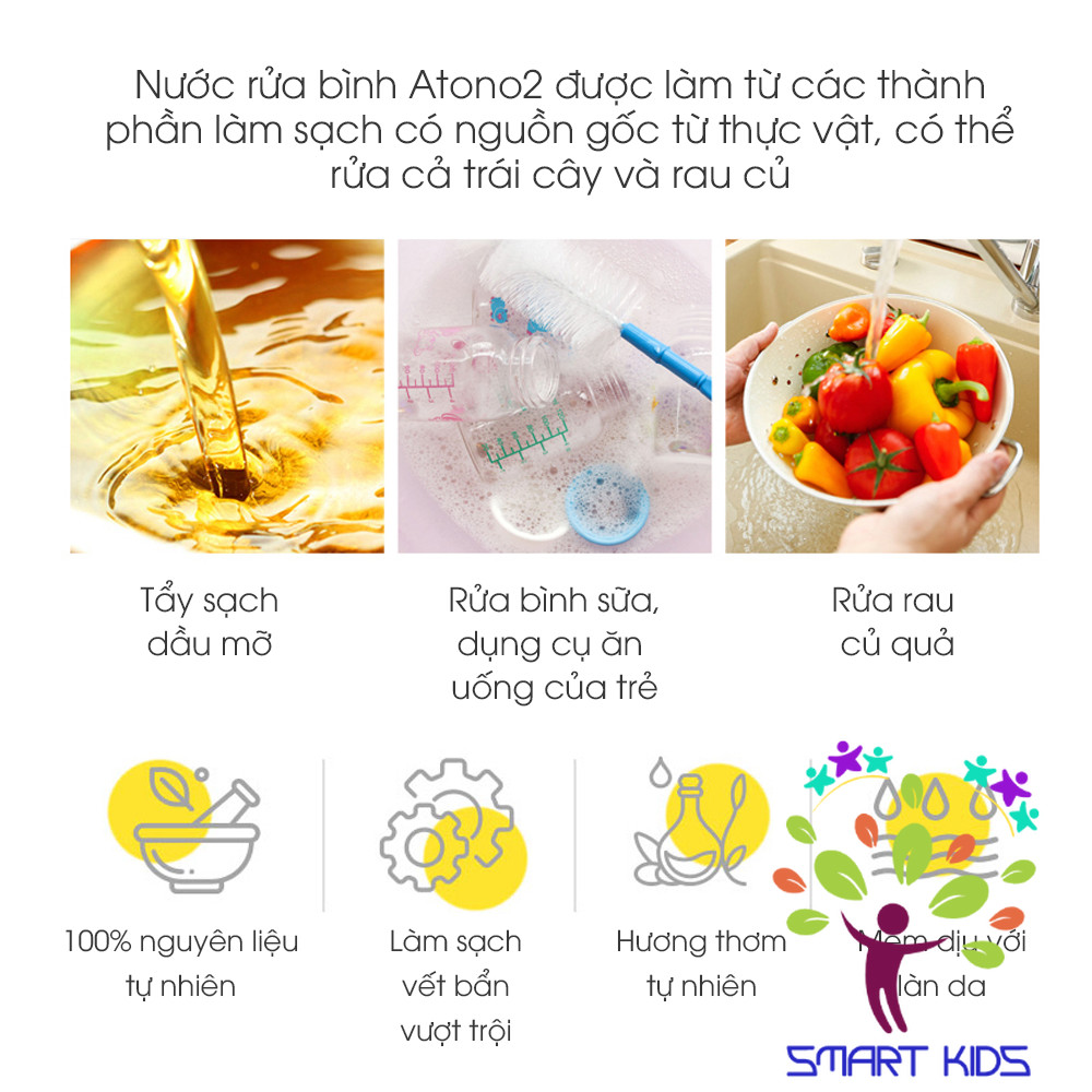 Nước Rửa Bình Rau Củ Quả Và Chén Bát Thuần Chay đậm đặc ATONO2 Cho Bé Từ 0m+