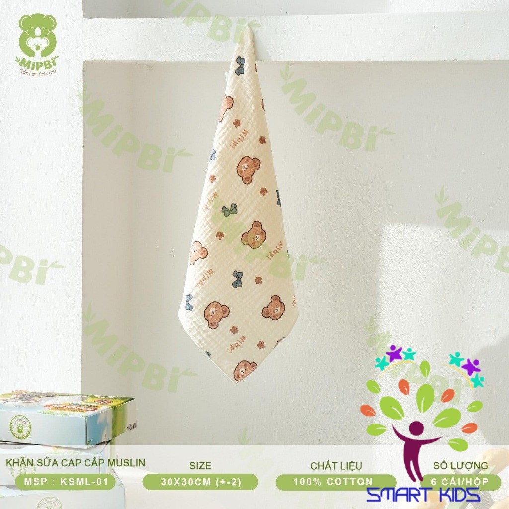 Khăn Sữa Mipbi Muslin Họa Tiết Hộp 6 Cái