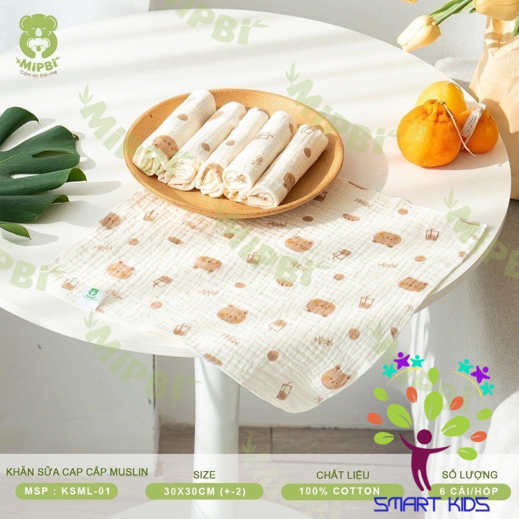 Khăn Sữa Mipbi Muslin Họa Tiết Hộp 6 Cái