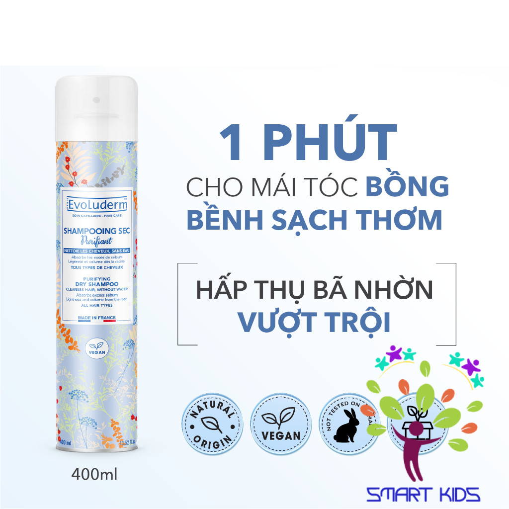 Dầu gội khô Evoluderm không xả lại với nước hương thơm quyến rũ