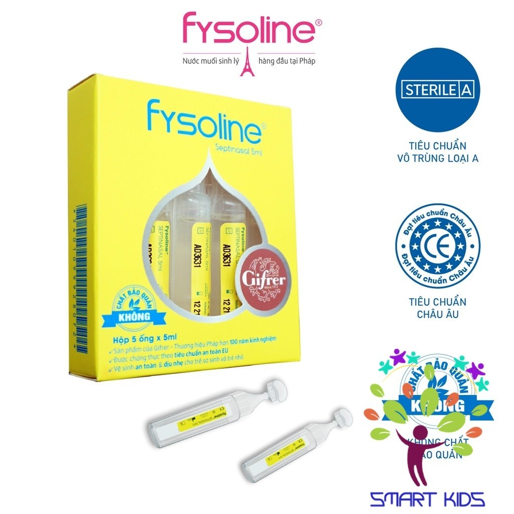 Nước Muối Sinh Lý Fysoline Hỗ Trợ Kháng Khuẩn, Viêm Mũi, Sổ Mũi Màu Vàng- Hộp 5 Ống X 5ml
