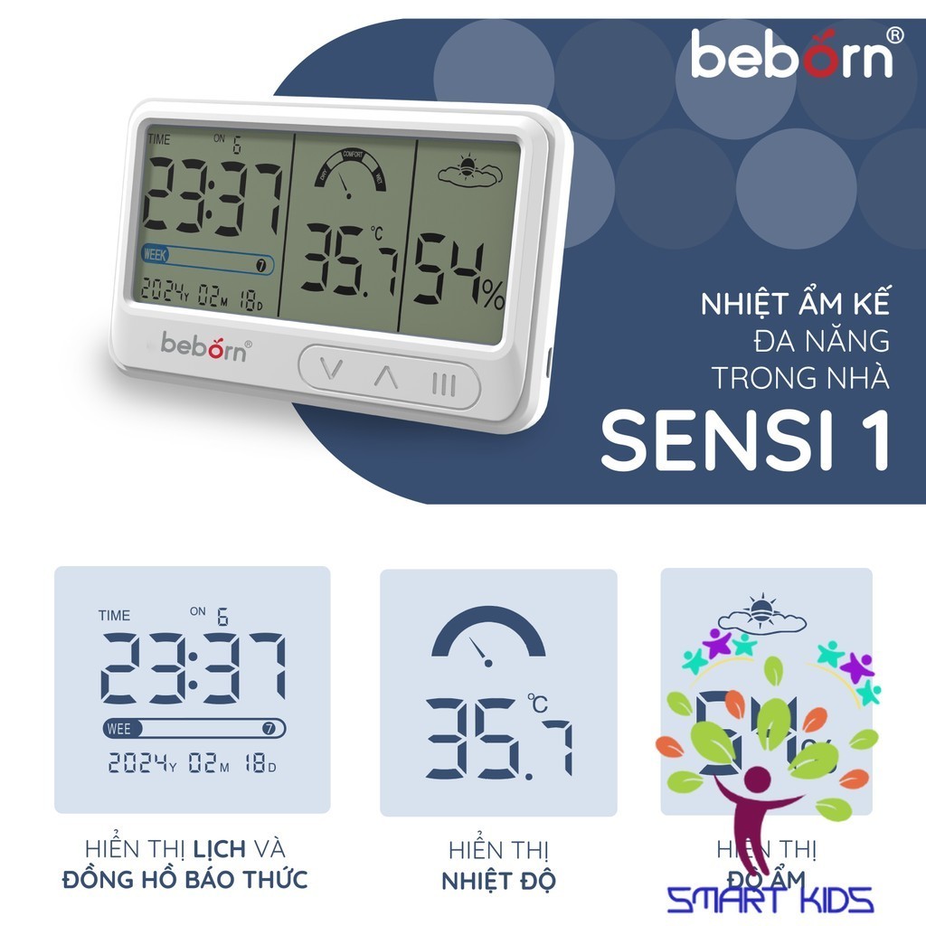 Nhiệt ẩm Kế điện Tử đa Năng Trong Nhà Kiêm đồng Hồ Báo Thức Cho Bé Beborn Sensi 1 DTO1HJ