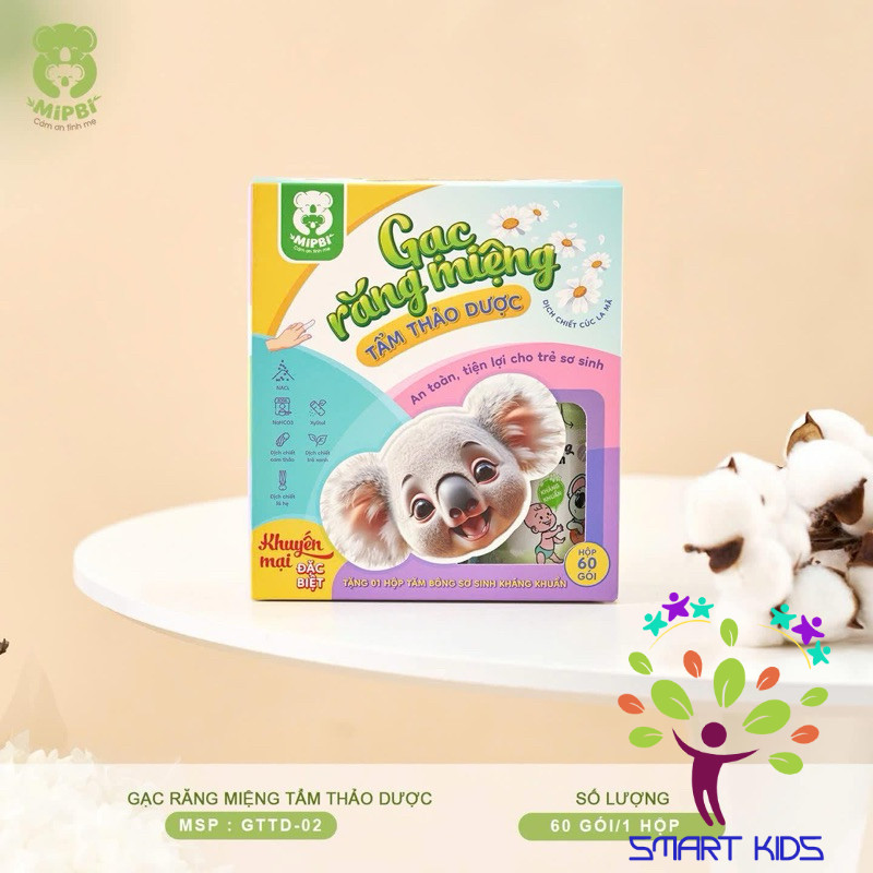 Gạc răng miệng Tẩm thảo dược MIPBI - PHIÊN BẢN MỚI - 1 HỘP 60C GTTD-02