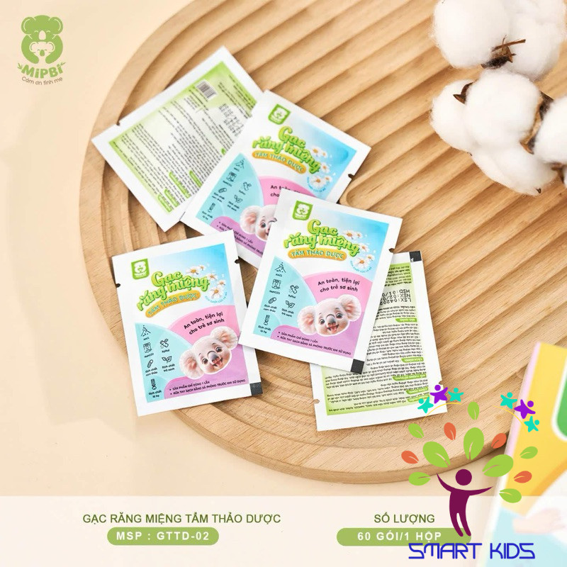 Gạc răng miệng Tẩm thảo dược MIPBI - PHIÊN BẢN MỚI - 1 HỘP 60C GTTD-02