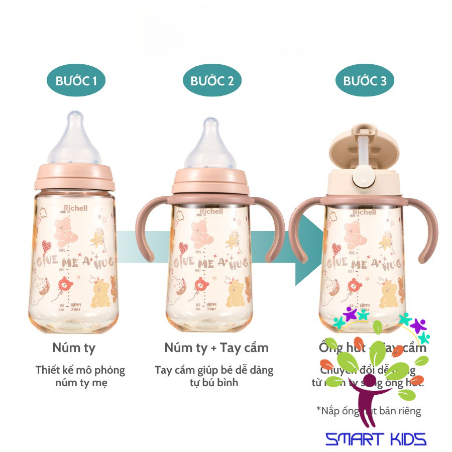 Bình sữa RICHELL Hanaemi chống sặc chất liệu nhựa PPSU và Thủy tinh