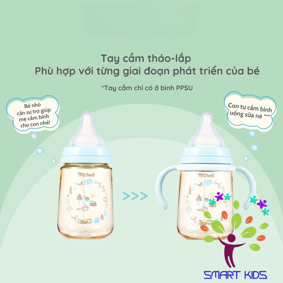 Bình sữa RICHELL Hanaemi chống sặc chất liệu nhựa PPSU và Thủy tinh