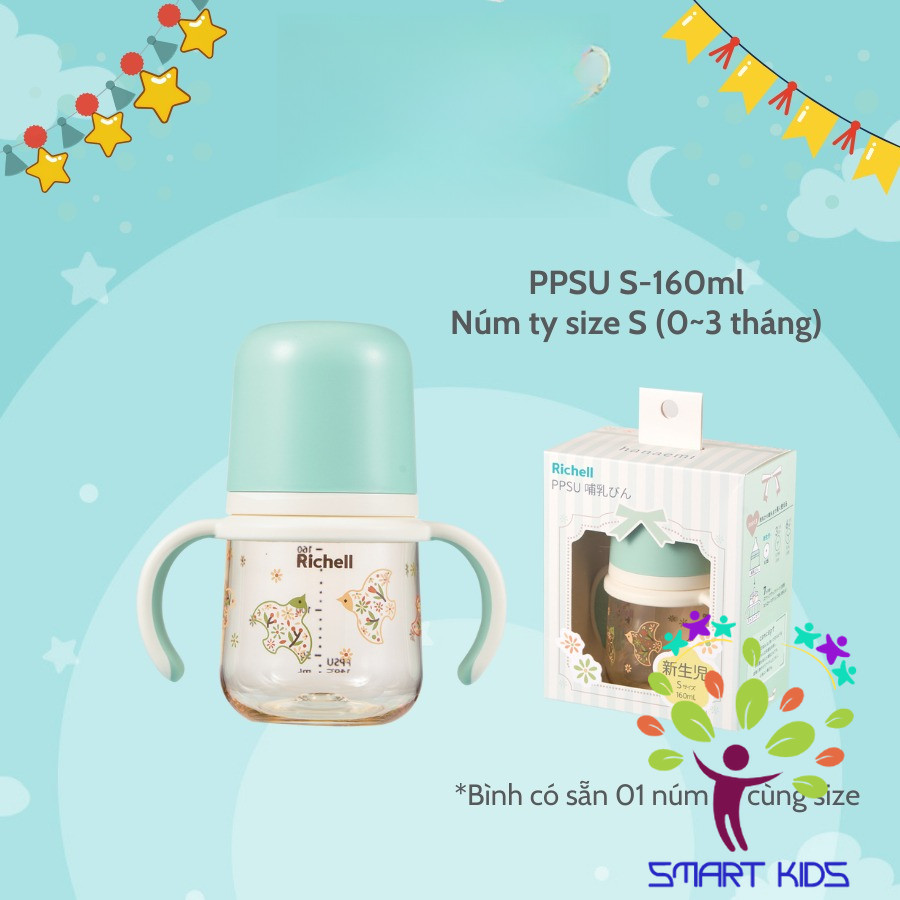 Bình sữa RICHELL Hanaemi chống sặc chất liệu nhựa PPSU và Thủy tinh