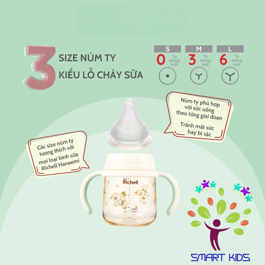 Bình sữa RICHELL Hanaemi chống sặc chất liệu nhựa PPSU và Thủy tinh