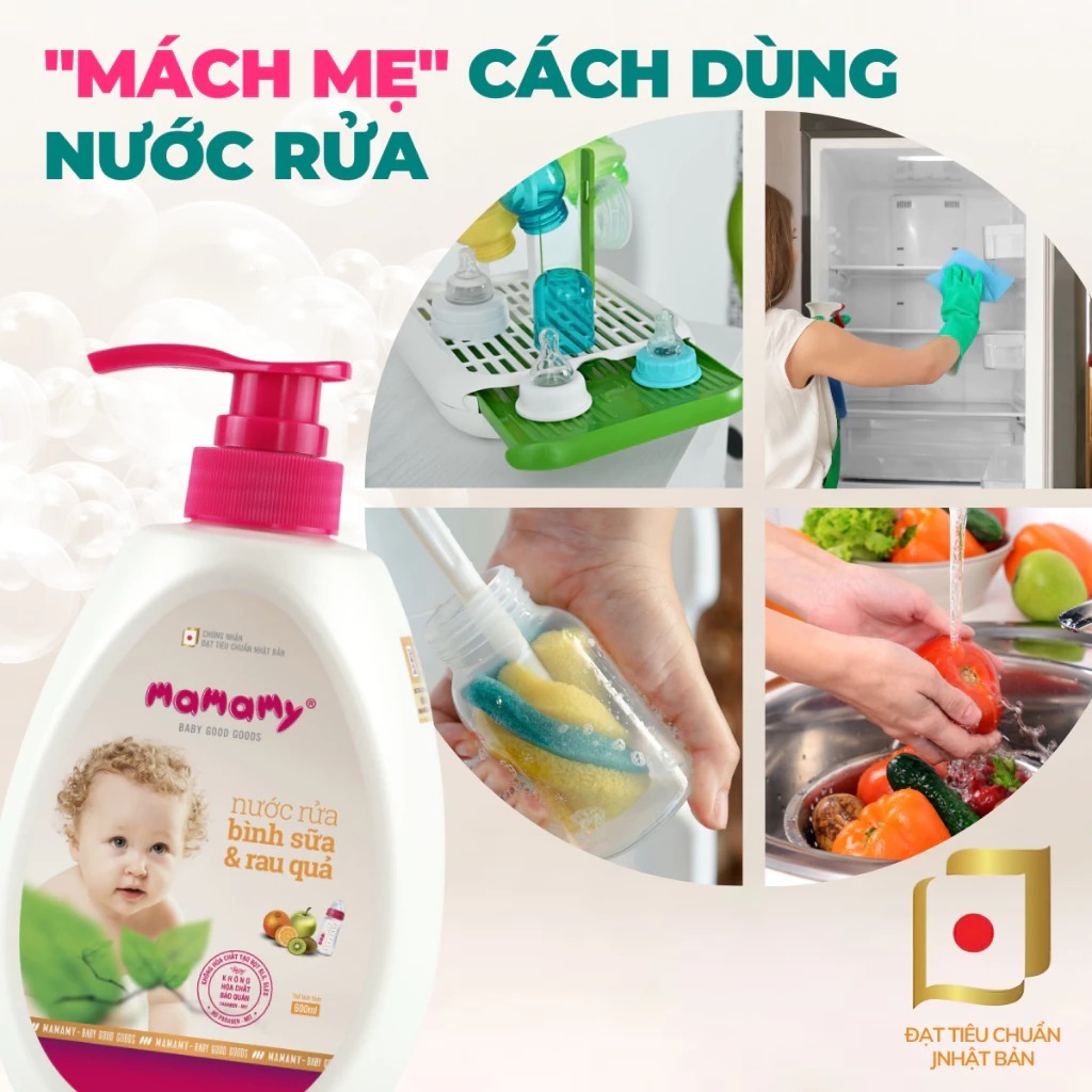 Nước rửa bình sữa và rau quả Mamamy 600ml an toàn cho cả trẻ sơ sinh