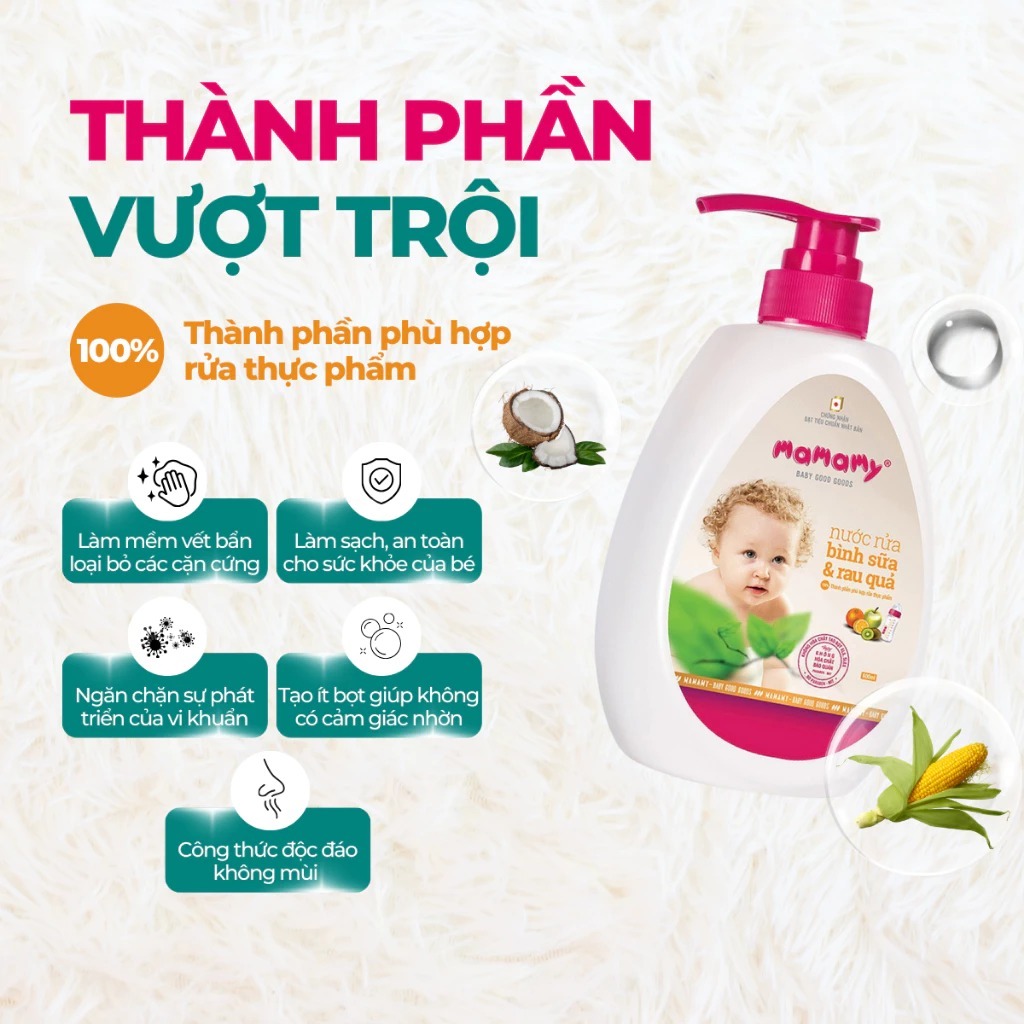 Nước rửa bình sữa và rau quả Mamamy 600ml an toàn cho cả trẻ sơ sinh