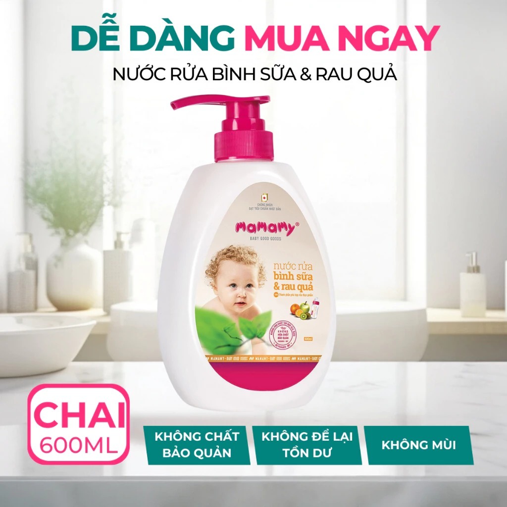 Nước rửa bình sữa và rau quả Mamamy 600ml an toàn cho cả trẻ sơ sinh