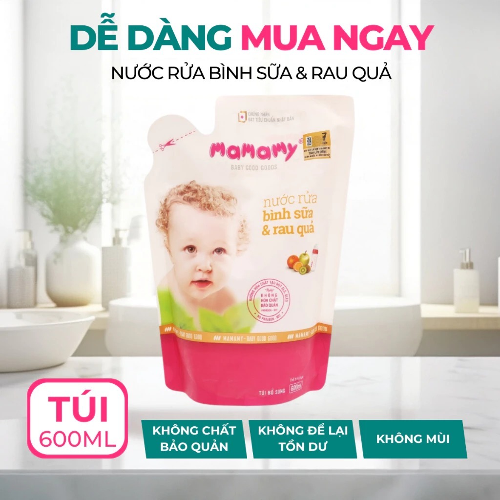 Nước rửa bình sữa và rau quả Mamamy 600ml an toàn cho cả trẻ sơ sinh