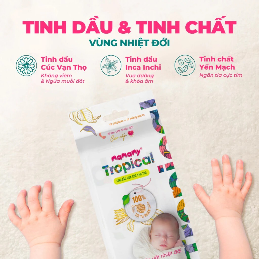 Lốc 10 gói khăn ướt Mamamy Tropical 1 tờ tinh dầu cúc vạn thọ/không mùi
