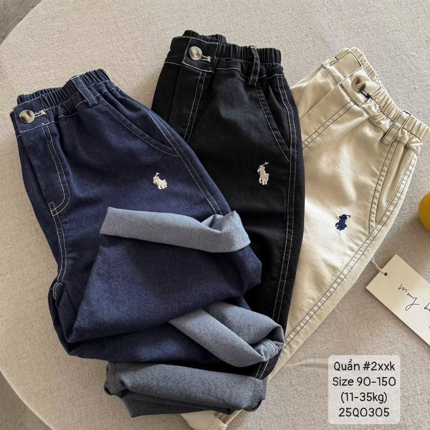 Quần jeans polo viền chỉ nổi cho bé trai
