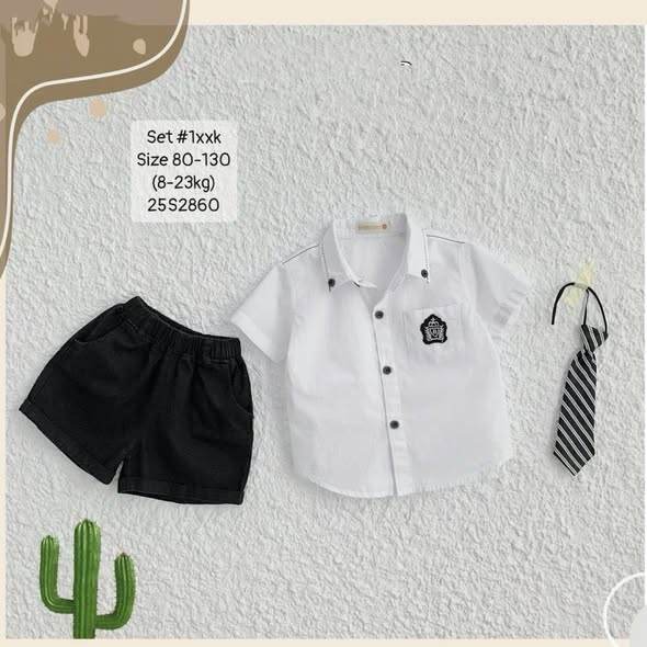 Set sơ mi đính tag kèm cavat kẻ cho bé trai