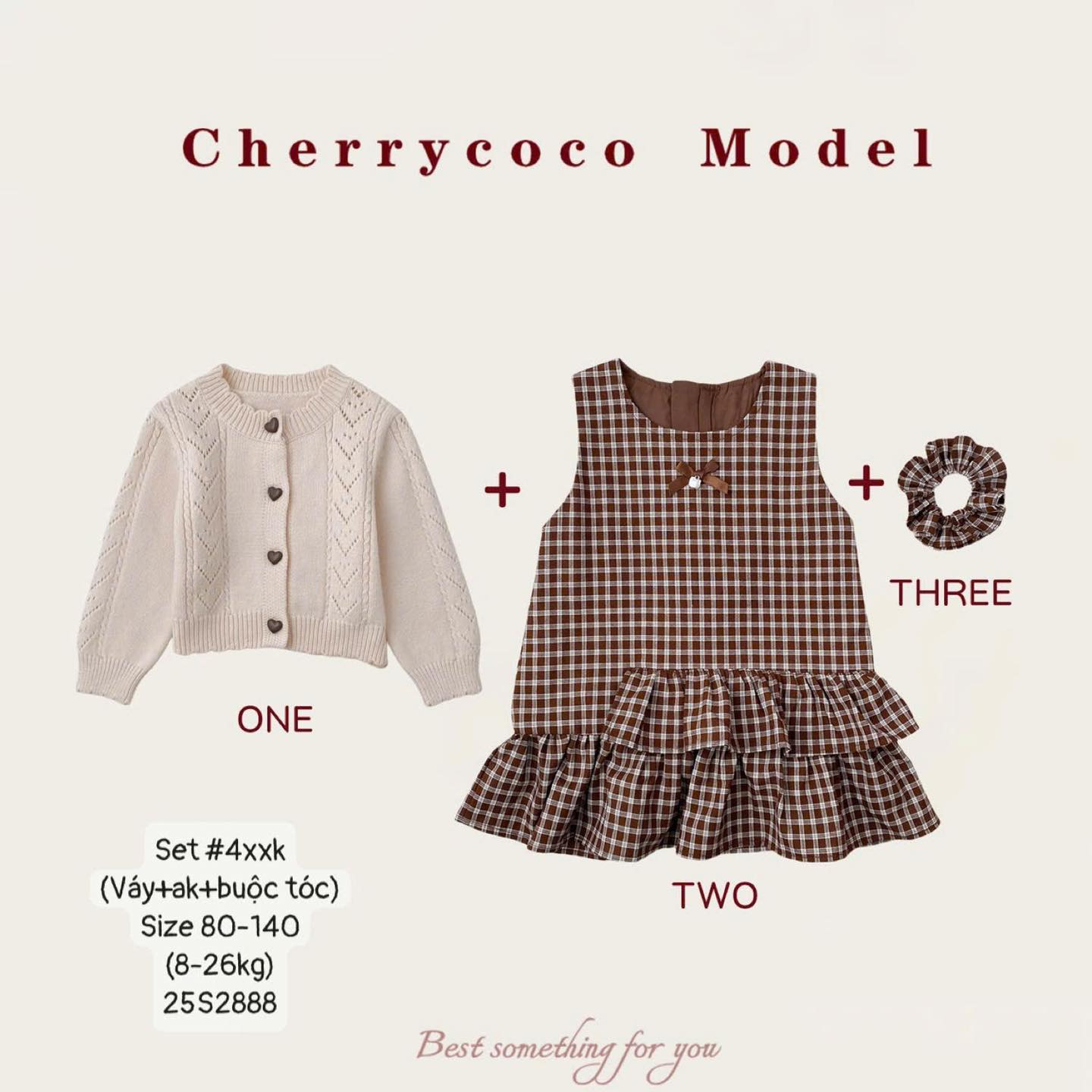 Set 3 chi tiết khoác len mix váy caro kèm buộc tóc cho bé gái