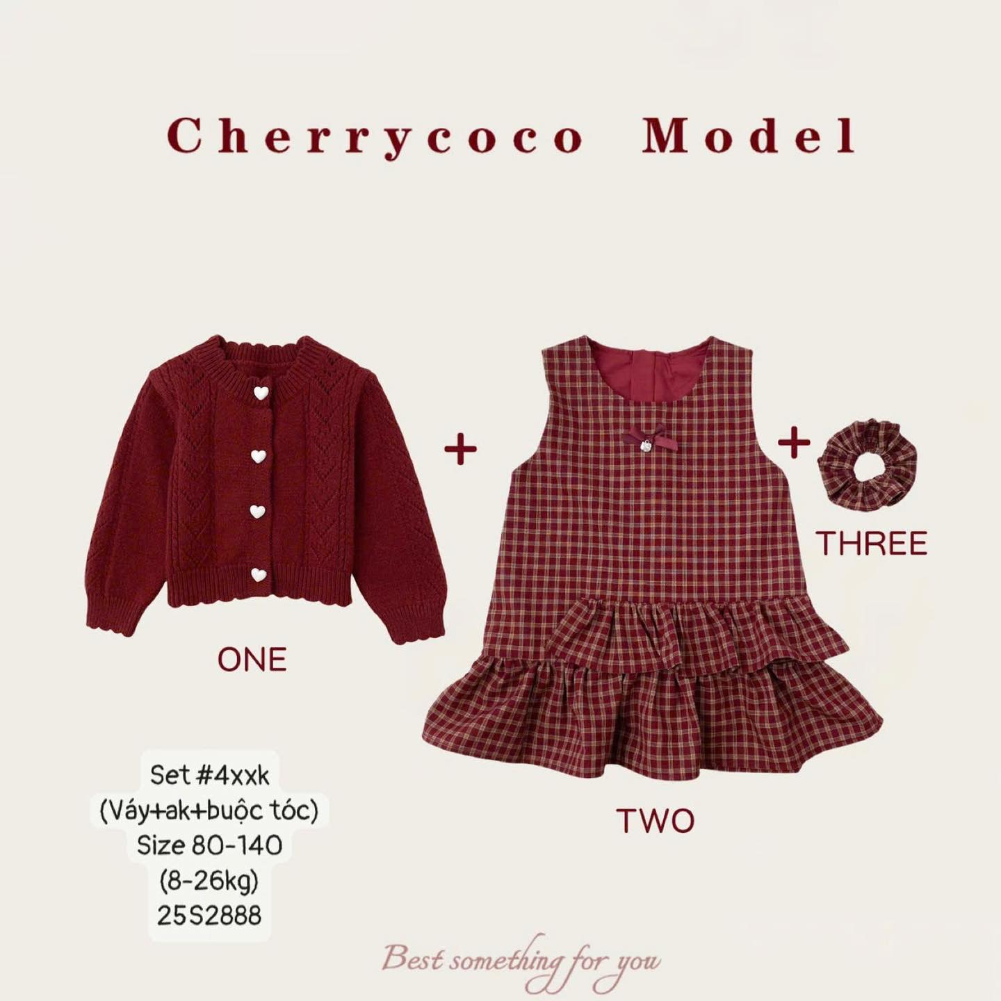 Set 3 chi tiết khoác len mix váy caro kèm buộc tóc cho bé gái