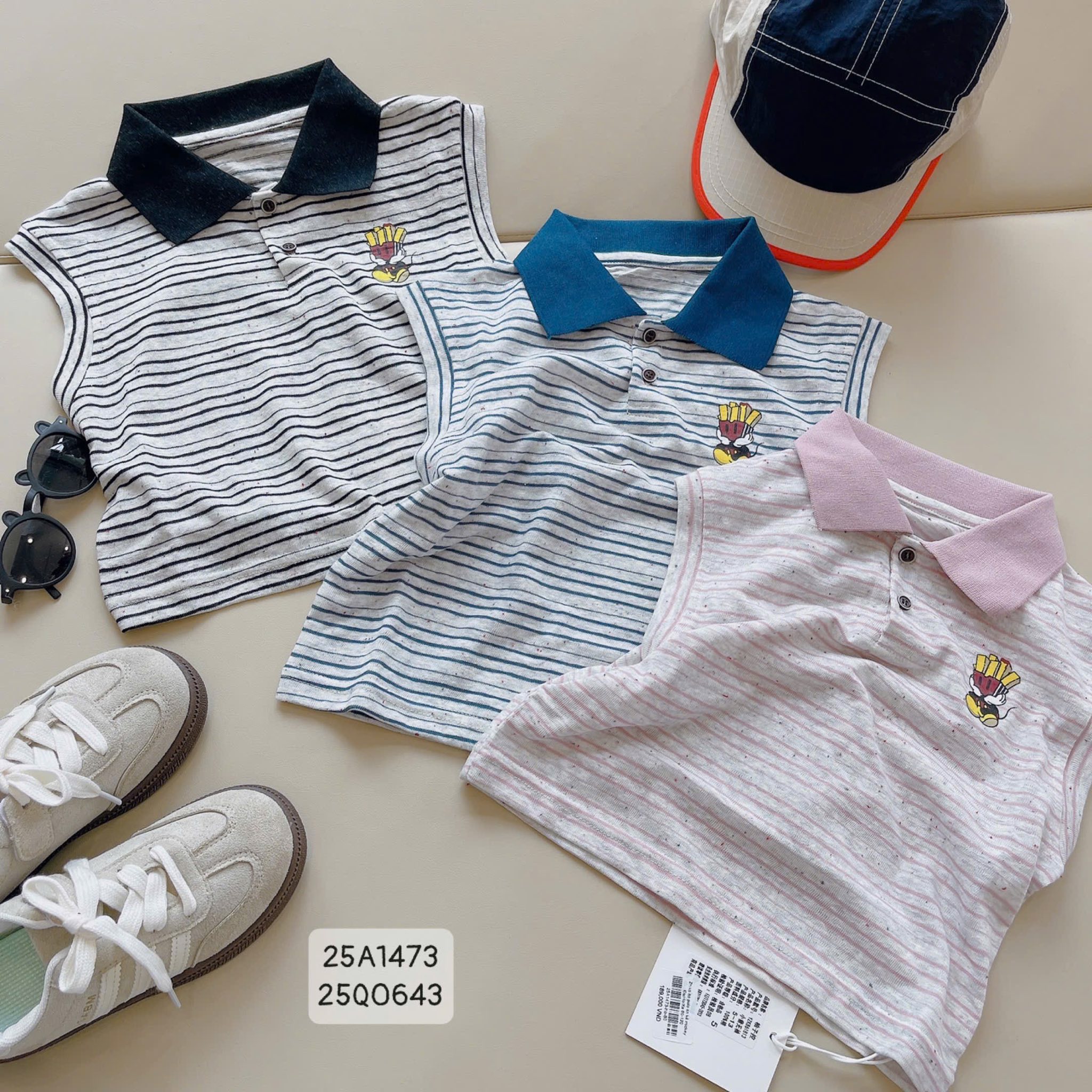 Áo thun polo kẻ Mickey cho bé trai