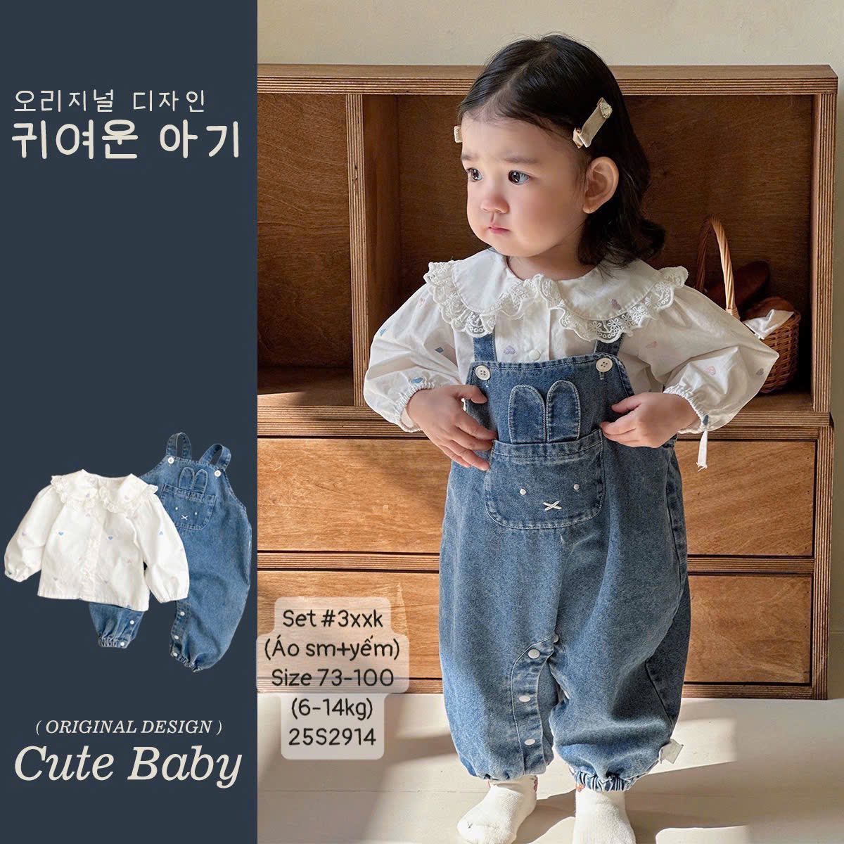 Set áo sơ mi trắng kèm yếm thỏ cưng cho em bé gái