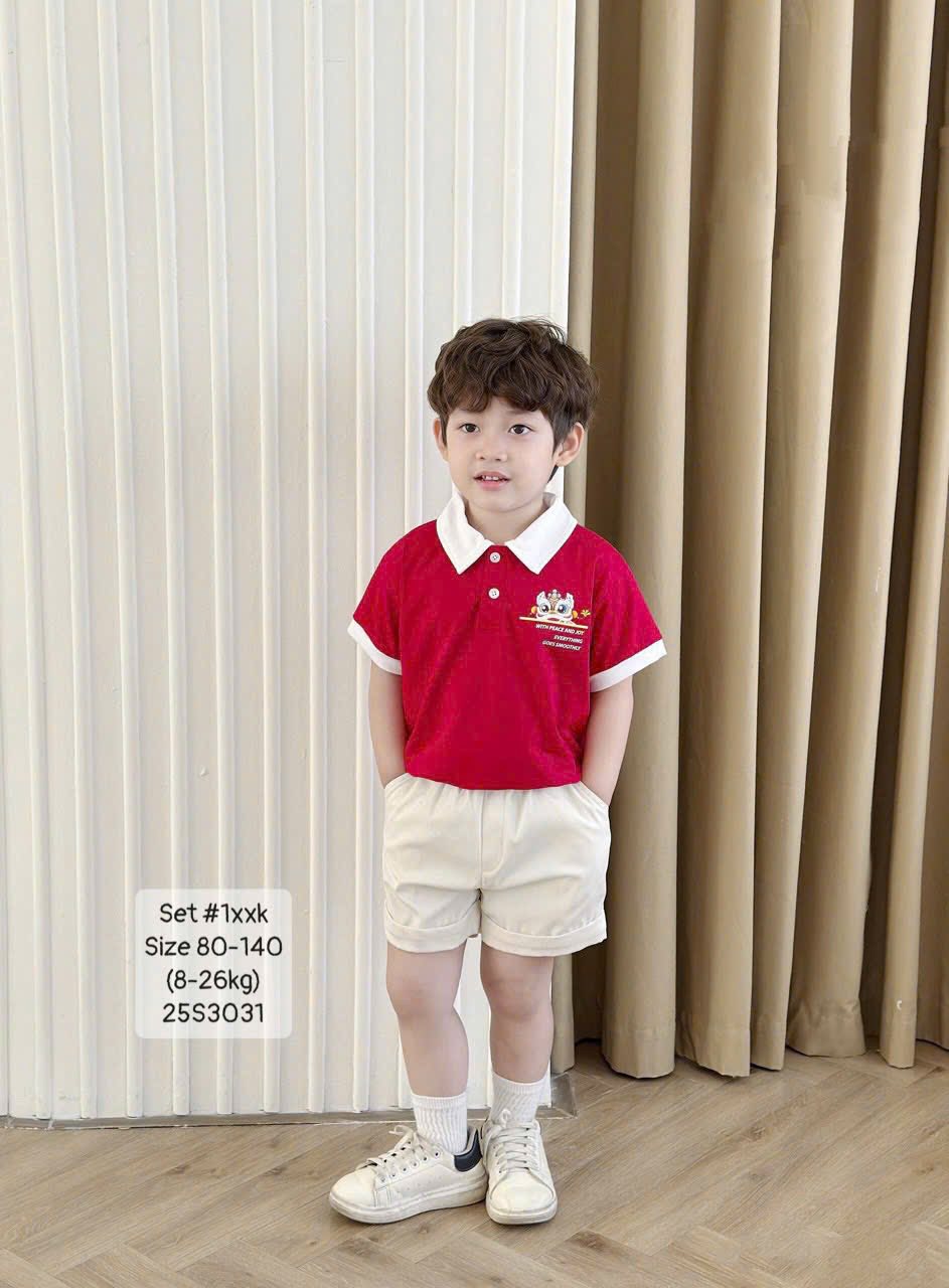 Set polo đỏ in ngọc lân nổi bật cho bé trai
