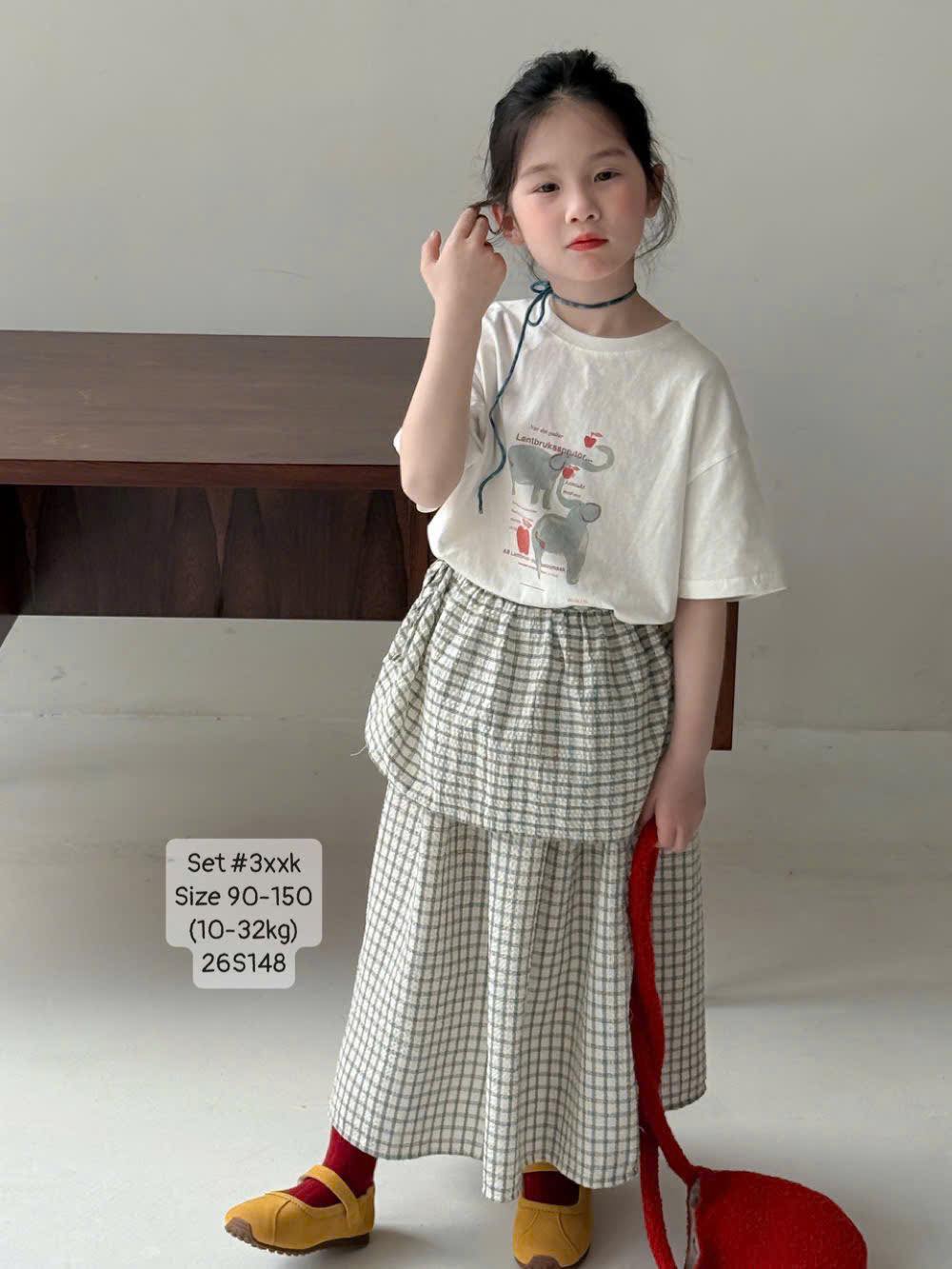 Set áo thun kèm chân váy dài gu Hàn cho bé gái