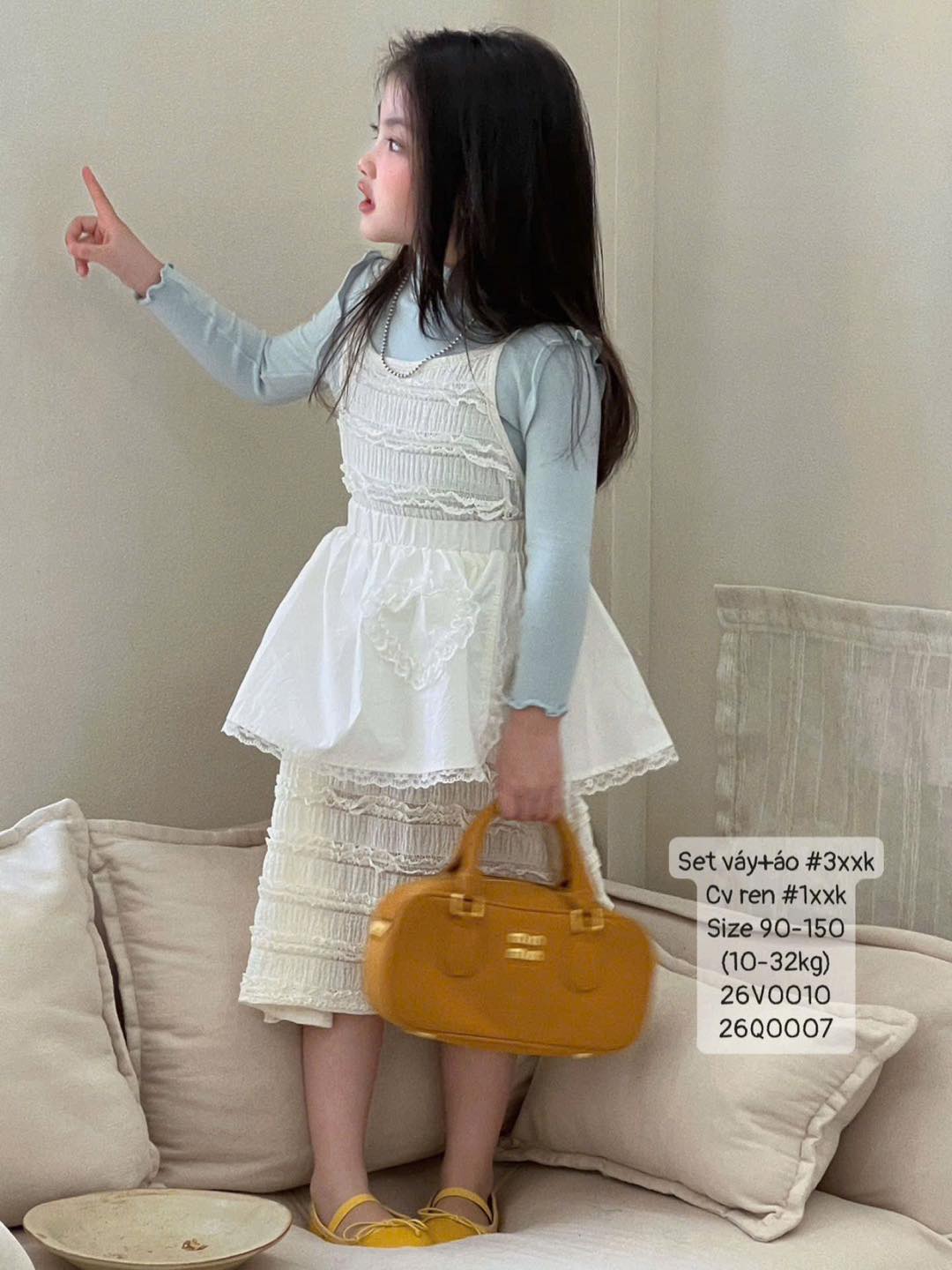 Set áo giữ nhiệt xanh mix váy xinh cho bé gái