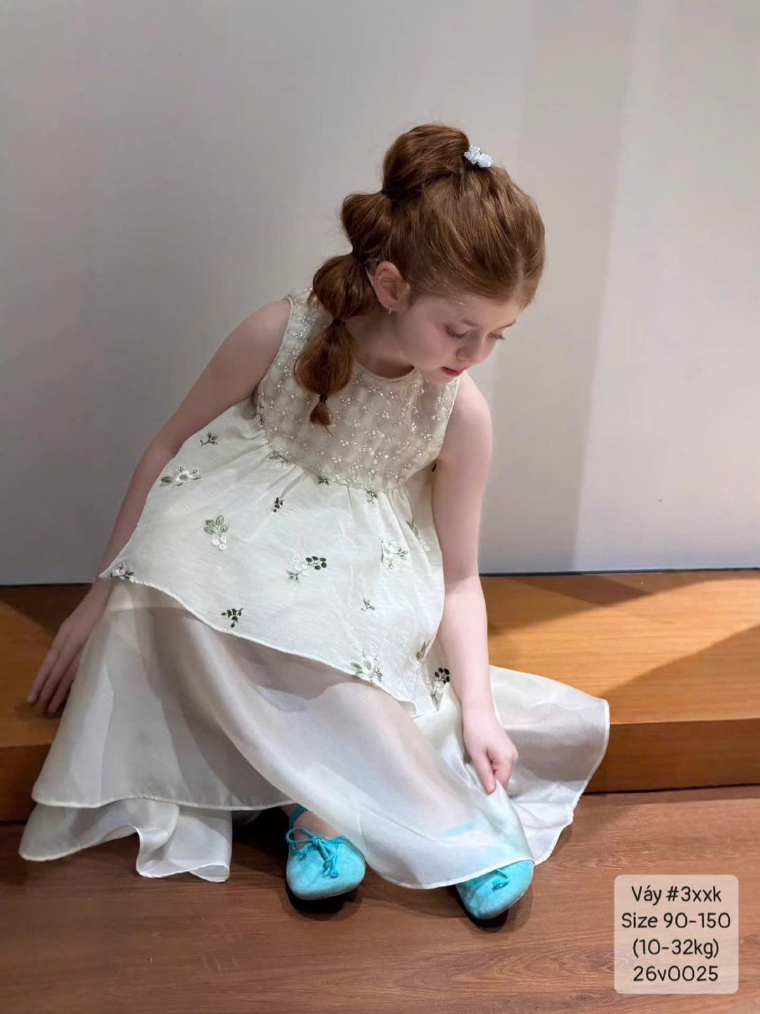 Váy công chúa ô tà voan thêu hoa siêu đáng yêu bé gái