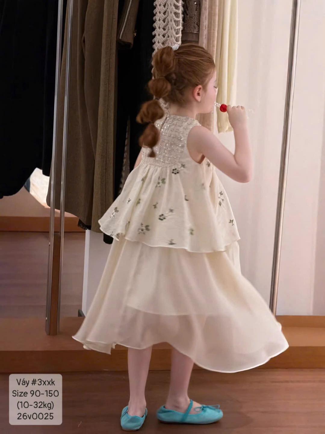 Váy công chúa ô tà voan thêu hoa siêu đáng yêu bé gái