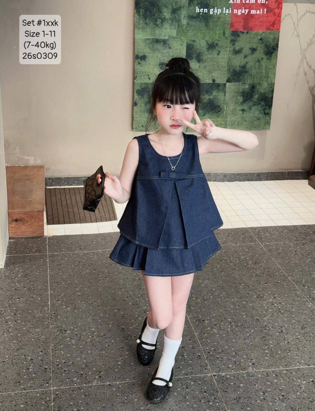 Set jeans áo babydoll nơ mix chân váy cho bé gái