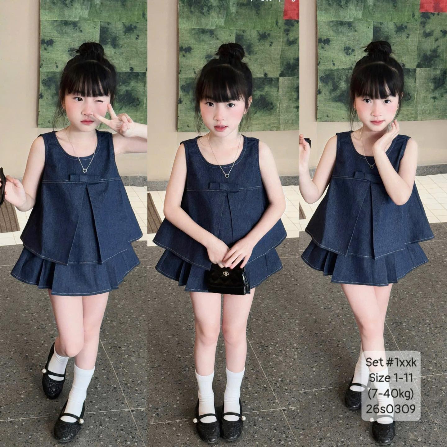 Set jeans áo babydoll nơ mix chân váy cho bé gái