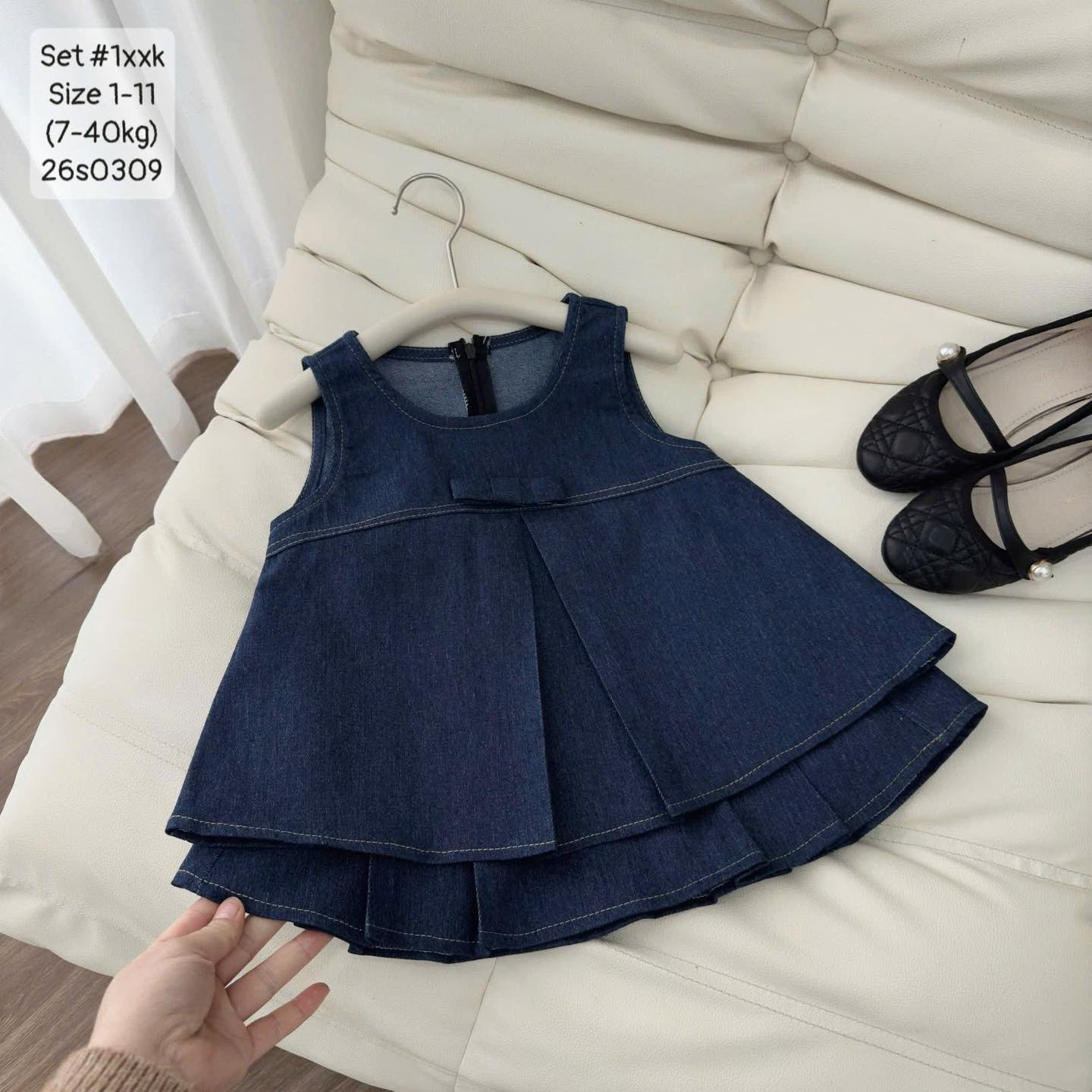 Set jeans áo babydoll nơ mix chân váy cho bé gái