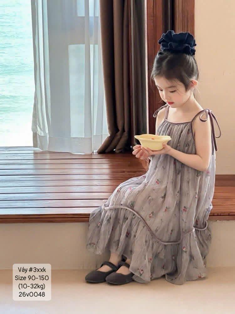 Váy dây phủ voan xám thêu siêu xinh cho bé gái