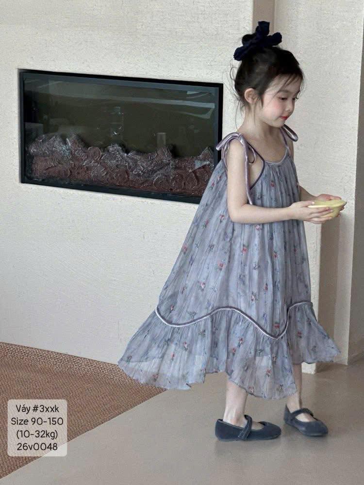 Váy dây phủ voan xám thêu siêu xinh cho bé gái