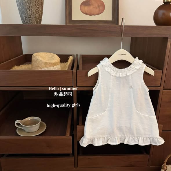 Váy sát nách cổ đính bèo hoa siêu dễ thương cho bé gái