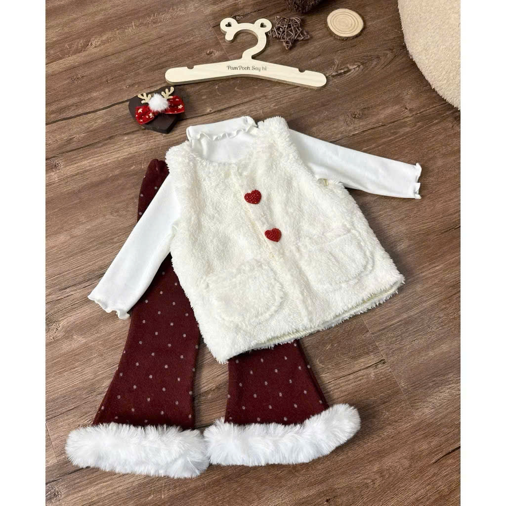 Set 3 món áo giữ nhiệt kèm ghile lông mix quần đỏ diện Noel.Tết cho bé gái