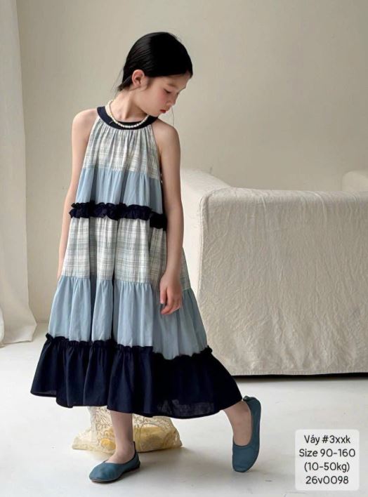 Váy yếm thô caro tone xanh cho bé gái