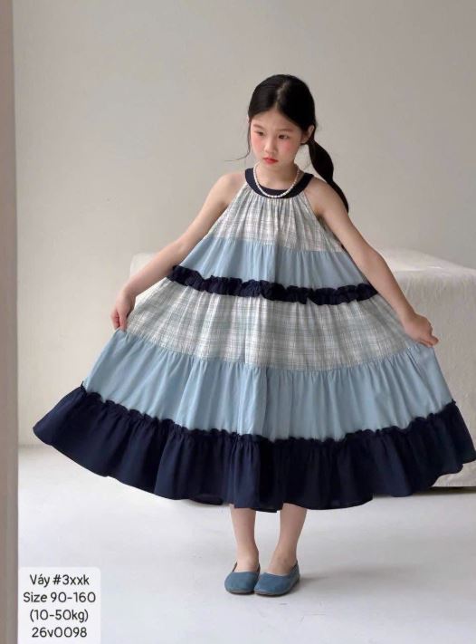 Váy yếm thô caro tone xanh cho bé gái
