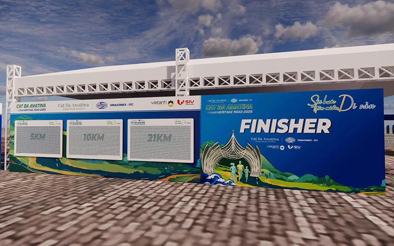 Phối cảnh backdrop Finisher và bảng thông tin Marathon Cát Bà Amatina